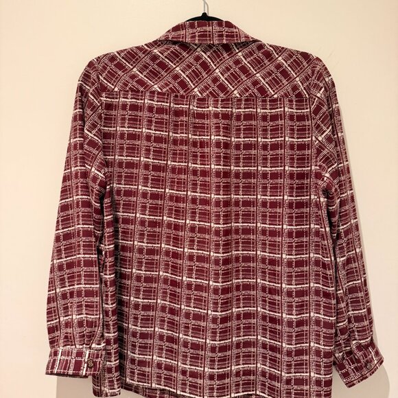 ✨ Vintage 70s Burgundy Geometric Button-Up Blouse | Retro Dagger Collar | M - Picture 2 of 6